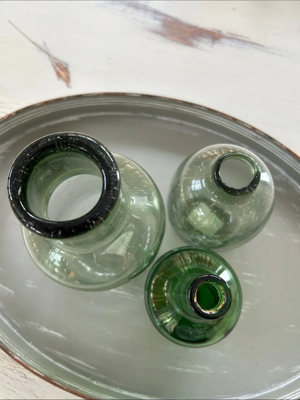 Green tabletop decor Glass vase accents shades of green Rustic modern farmhouse